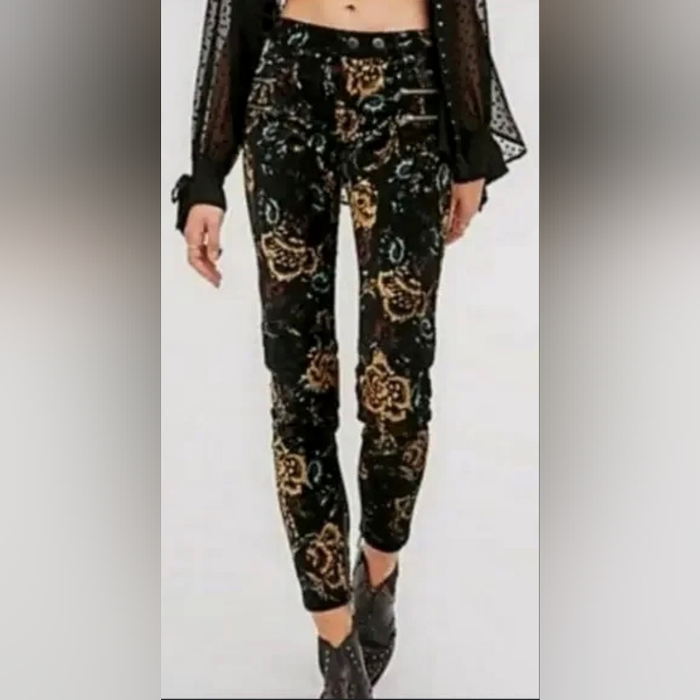 Rare FREE PEOPLE John Lennon Vintage Velvet Paisley Floral Retro Velour Skinny 4